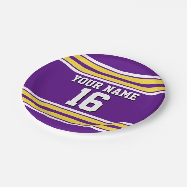 Purple with Yellow White Stripes Team Jersey Paper Plate (Angled)
