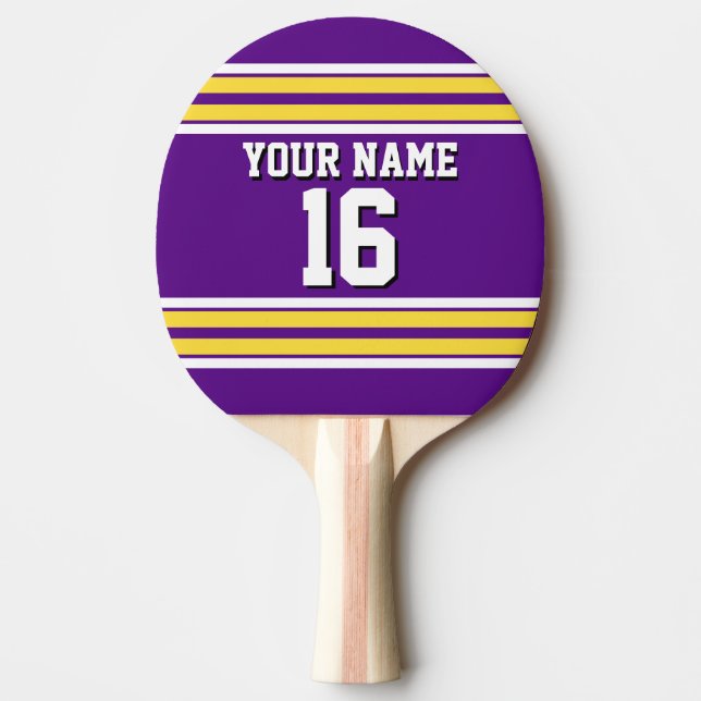 Purple with Yellow White Stripes Team Jersey Ping Pong Paddle (Front)