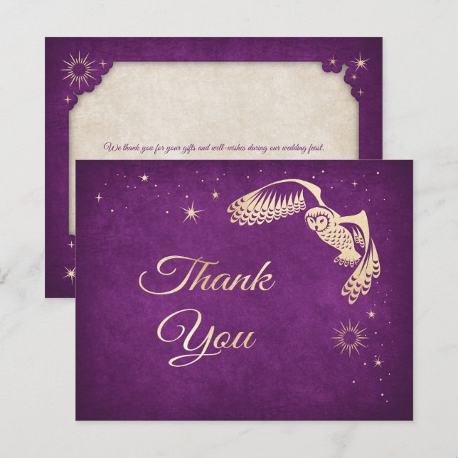 Purple Wizard Owl Stars Magic Wedding Thank You Card (Front/Back)