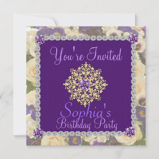 Purple Women's 60th Birthday Invitation Bling (Front)
