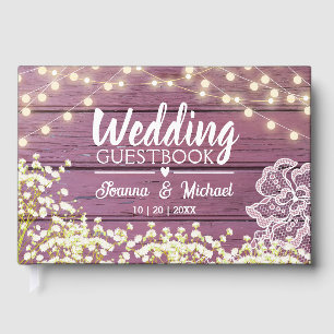 Purple Wood Baby's Breath Lights & Lace Wedding Guest Book