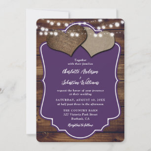 Purple Wood Burlap Hearts String Lights Wedding Invitation