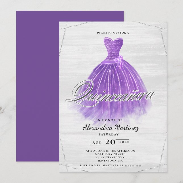 Purple wood dress glitter Quinceañera Invitation (Front/Back)