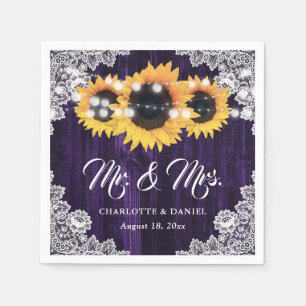 Purple Wood Floral Lace Sunflower Wedding Napkin