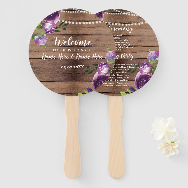 Purple Wood Floral Wedding Programme Fan Flowers (Front and Back)
