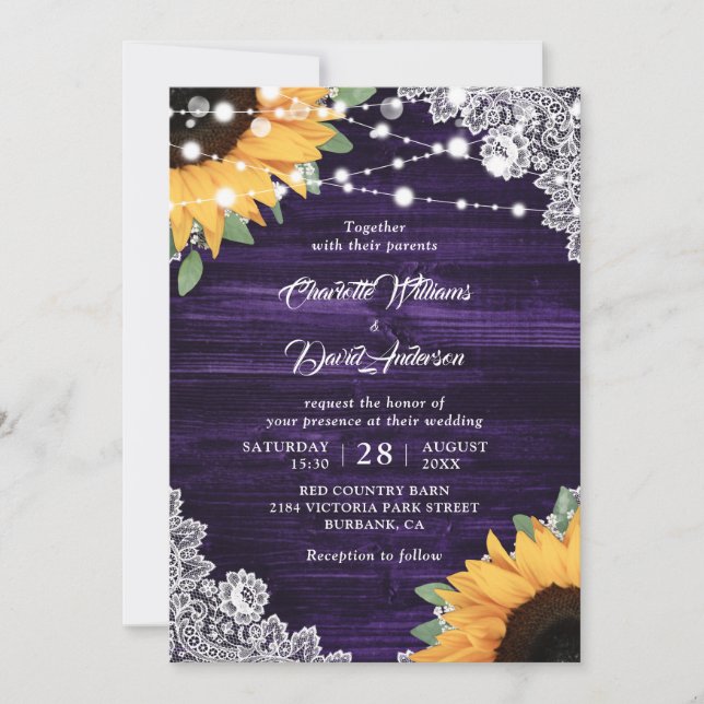 Purple Wood Lace Eucalyptus Sunflower Wedding Invitation (Front)