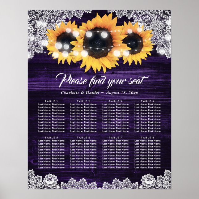 Purple Wood Lace Sunflower Rustic Seating Chart (Front)