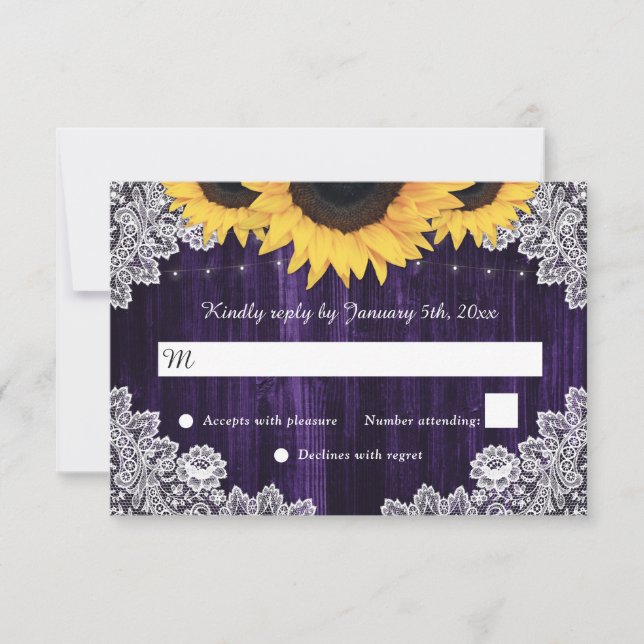 Purple Wood Lace Sunflower Wedding RSVP Cards (Front)