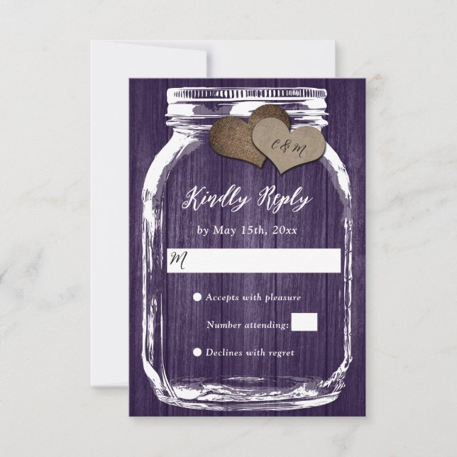 Purple Wood Mason Jar Hearts Initials Wedding RSVP Card (Front)