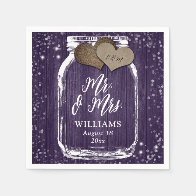 Purple Wood Mason Jar Rustic Mr. & Mrs. Wedding Napkin (Front)