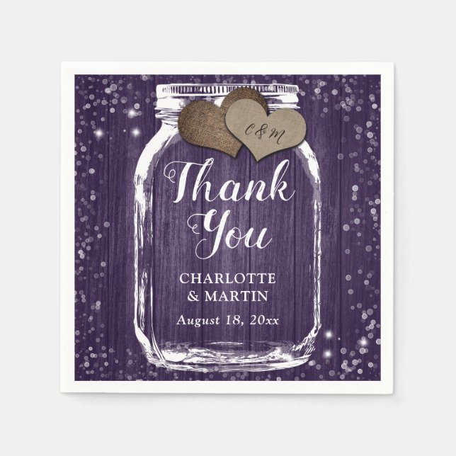 Purple Wood Mason Jar Two Hearts Thank You Wedding Napkin (Front)