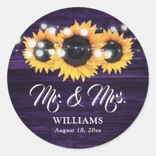 Purple Wood Mr and Mrs Sunflower Wedding Classic Round Sticker