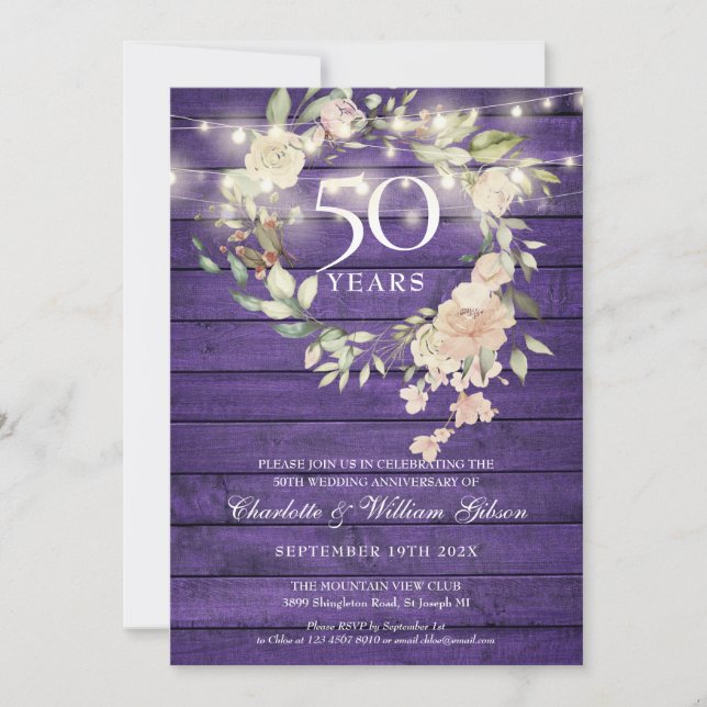 Purple Wood String Lights Floral 50th Anniversary Invitation (Front)