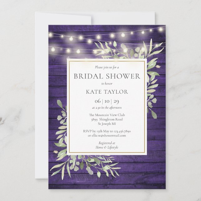 Purple Wood String Lights Greenery Bridal Shower Invitation (Front)