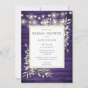 Purple Wood String Lights Greenery Bridal Shower Invitation