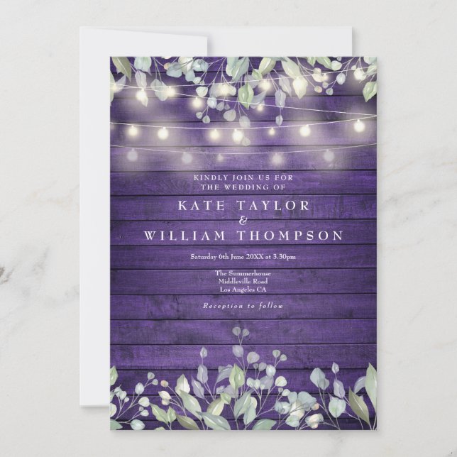 Purple Wood String Lights Greenery Floral Wedding Invitation (Front)