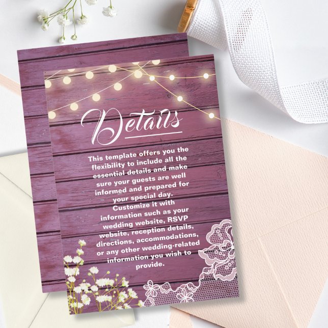 Purple Wood String Lights & Lace Wedding Details Enclosure Card (Creator Uploaded)