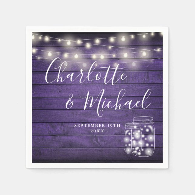 Purple Wood String Lights Mason Jars Wedding Napkin (Front)