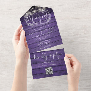 Purple Wood String Lights QR Code Floral Wedding All In One Invitation