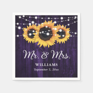 Purple Wood String Lights Sunflower Wedding Napkin