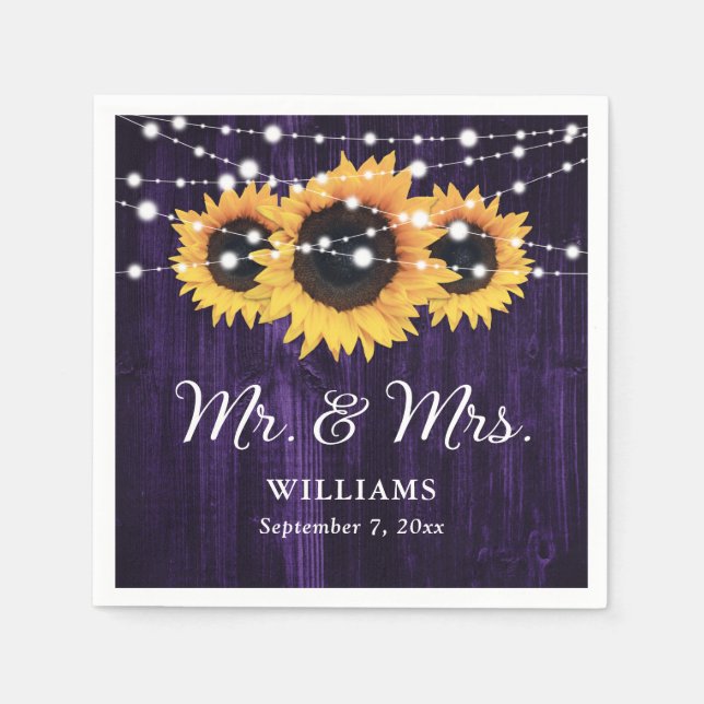 Purple Wood String Lights Sunflower Wedding Napkin (Front)