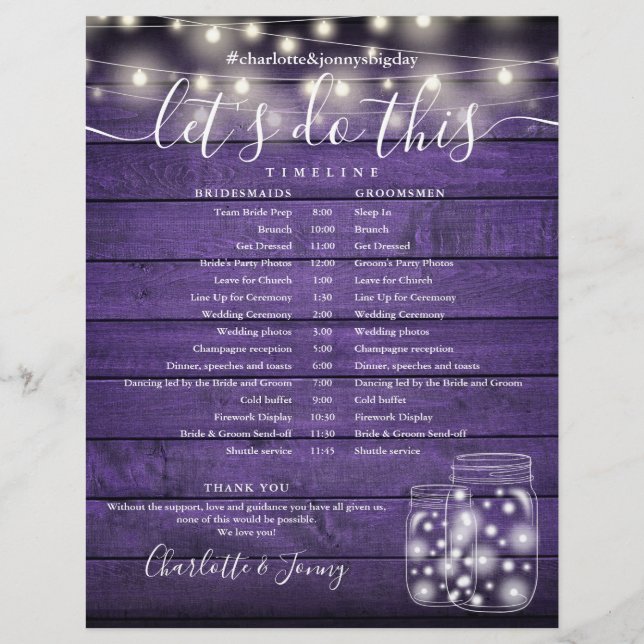 Purple Wood String Lights Wedding Program Timeline (Front)
