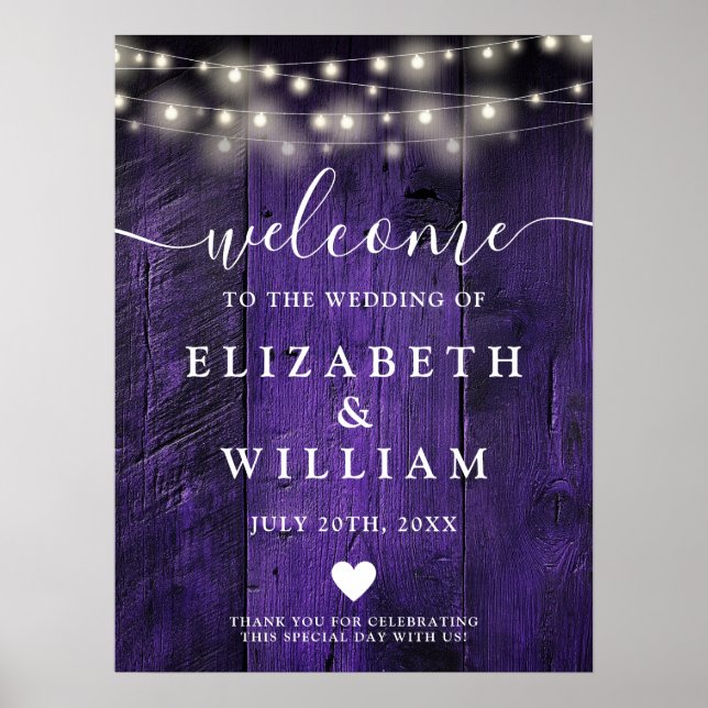 Purple Wood String Lights Wedding Welcome Sign (Front)