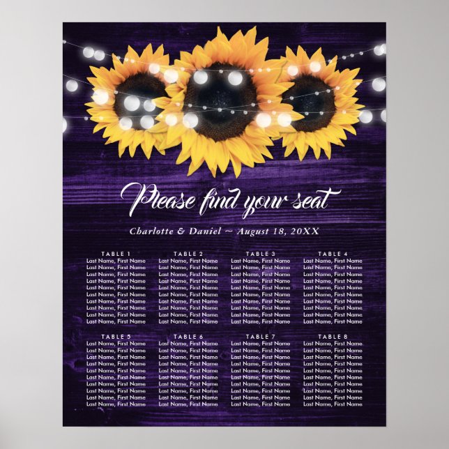 Purple Wood Sunflower Wedding Seating Chart 8 (Front)