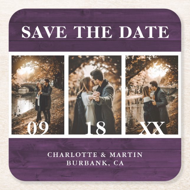 Purple Wood Wedding Photo Save The Date Square Paper Coaster (Front)