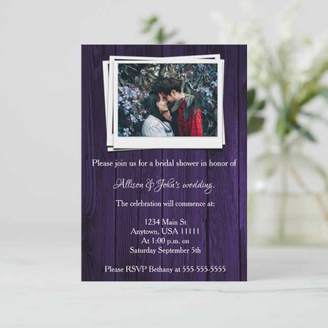 Purple Wooden Photo Bridal Shower Invite (Standing Front)