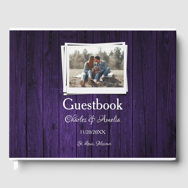 Purple Wooden Photo Wedding Day Guestbook (Front)