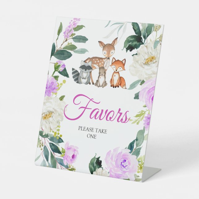 Purple Woodland Animals Baby Shower Favours Sign (Front)