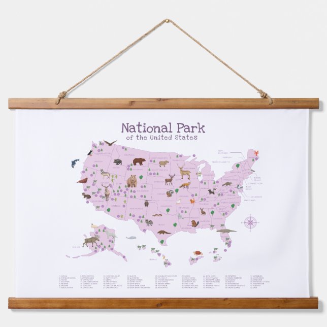 Purple Woodland National Parks Map Nursery Decor Hanging Tapestry (Front)
