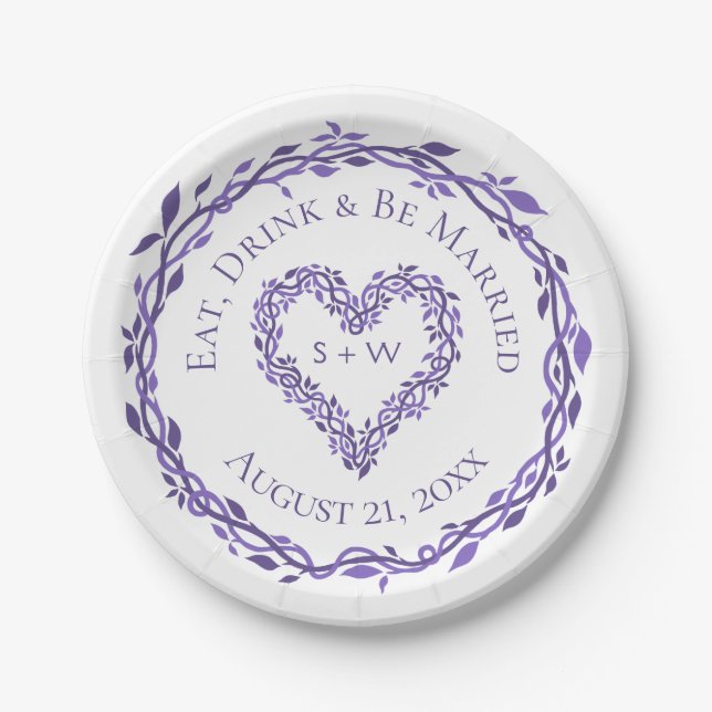 Purple Woodsy Wedding Heart Wreath Decorative Paper Plate (Front)