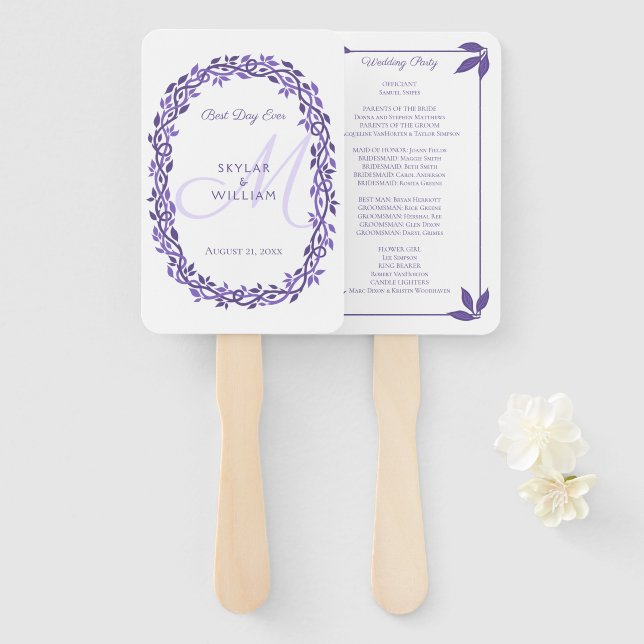 Purple Woodsy Wedding Monogram Best Day Ever Hand Fan (Front and Back)