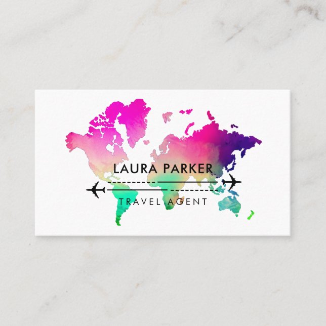 Purple World Map Travel Agent Tour Vacation  Business Card (Front)