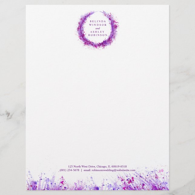 Purple wreath splash modern watercolor letterhead (Front)