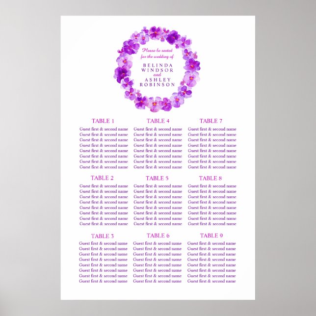 Purple wreath watercolor art wedding table plan poster (Front)