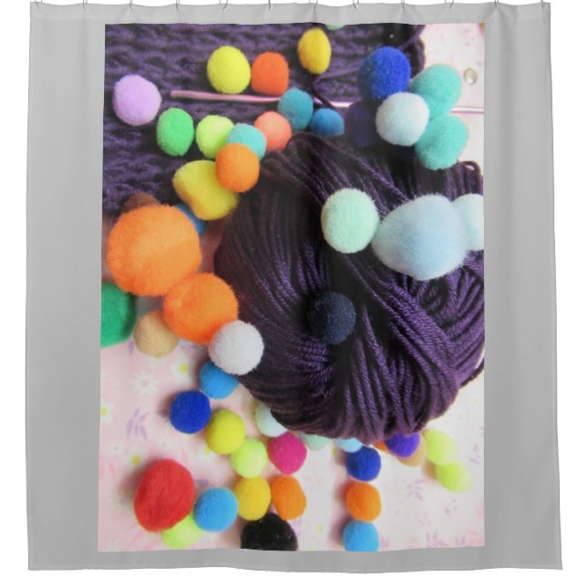 Purple Yarn and Pompoms Shower Curtain (Front)