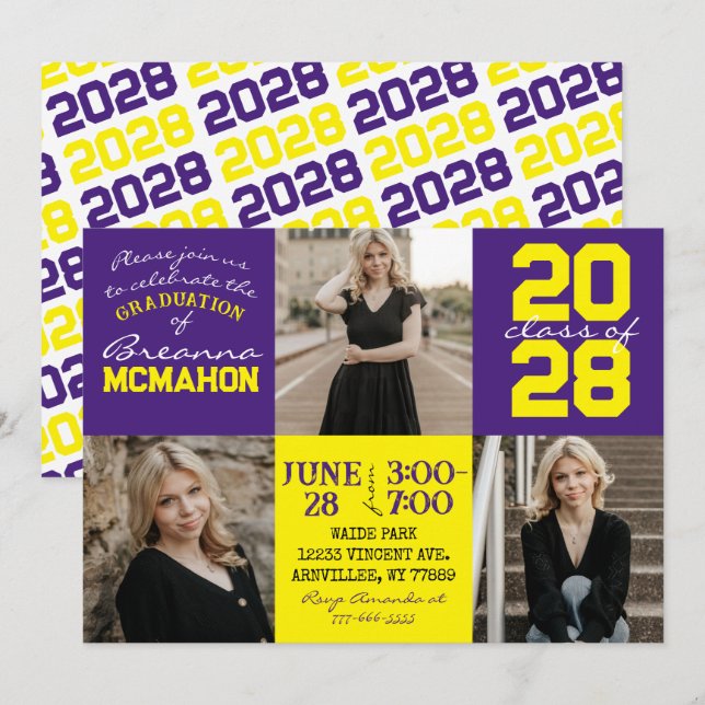 Purple & Yellow 3 Photo Graduation Invitation (Front/Back)