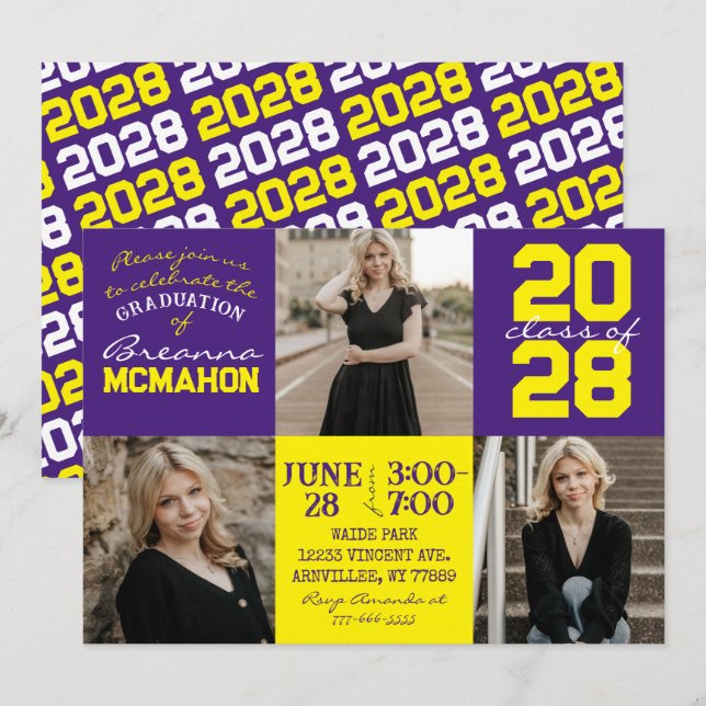 Purple & Yellow 3 Photo Graduation Invitation (Front/Back)
