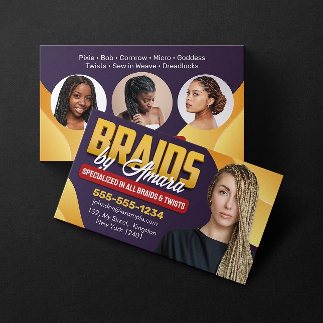 Purple & Yellow African Hair Braiding Photo Braid Business Card (Creator Uploaded)