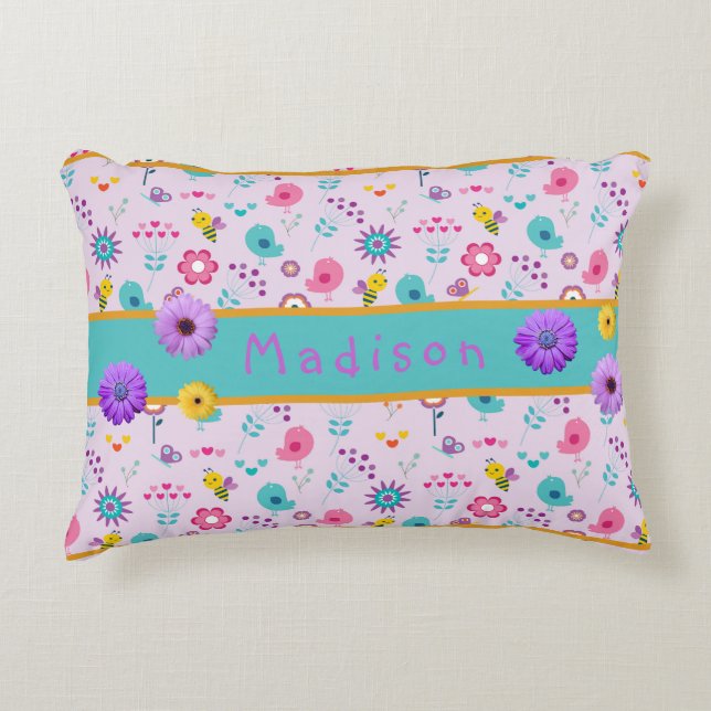 Purple, yellow and teal little girl's personalised decorative cushion (Front)
