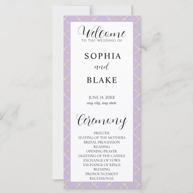 Purple, Yellow and White Plaid Wedding Program (Front)