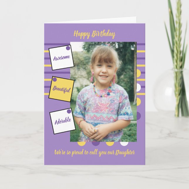 Purple yellow awesome daughter photo birthday card (Front)