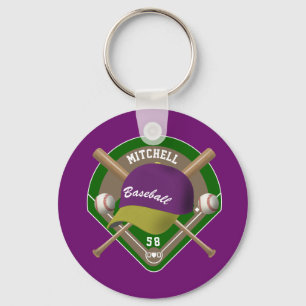 Purple Yellow Baseball Diamond Player Name Number Key Ring