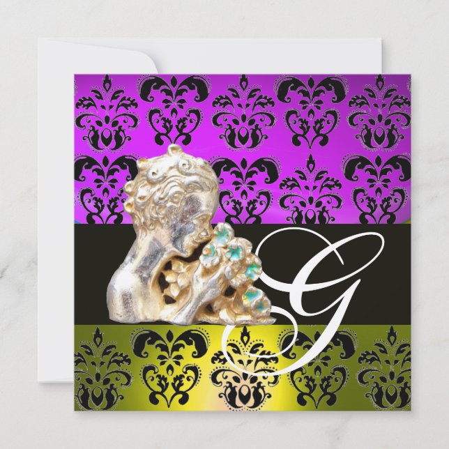 PURPLE ,YELLOW ,BLACK, WHITE DAMASK JEWEL MONOGRAM INVITATION (Front)