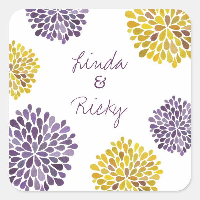 Purple & Yellow Bloom Bursts Wedding Sticker Seal (Front)