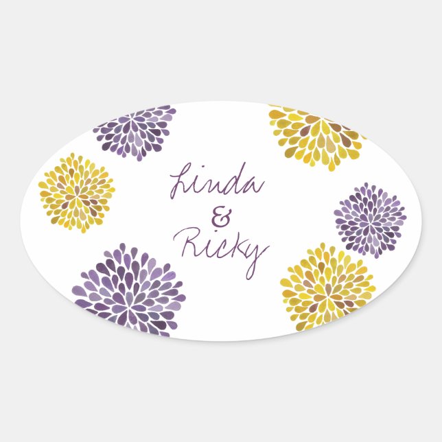 Purple & Yellow Bloom Bursts Wedding Sticker Seal (Front)