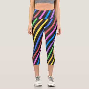 Purple Yellow Blue Black trippy stripes Capri Leggings